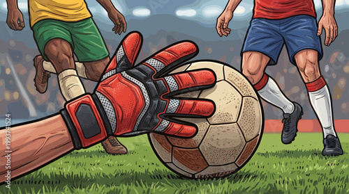 Close-up of goalkeeper reaching for soccer ball in a dynamic stadium match