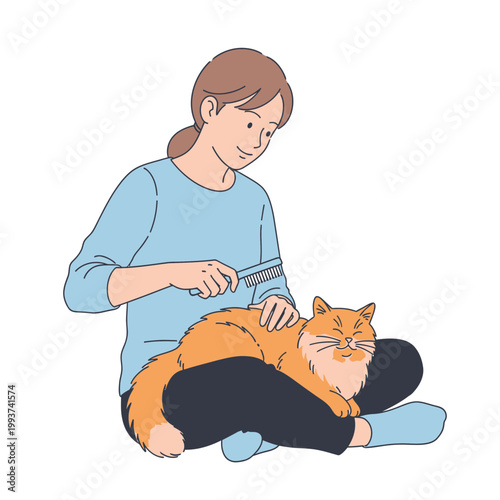 Woman Brushing Fluffy Orange Cat