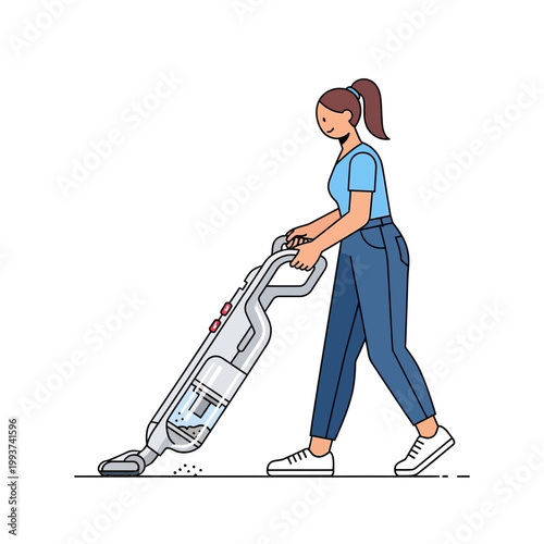 Woman Vacuuming Floor with Modern Cleaner