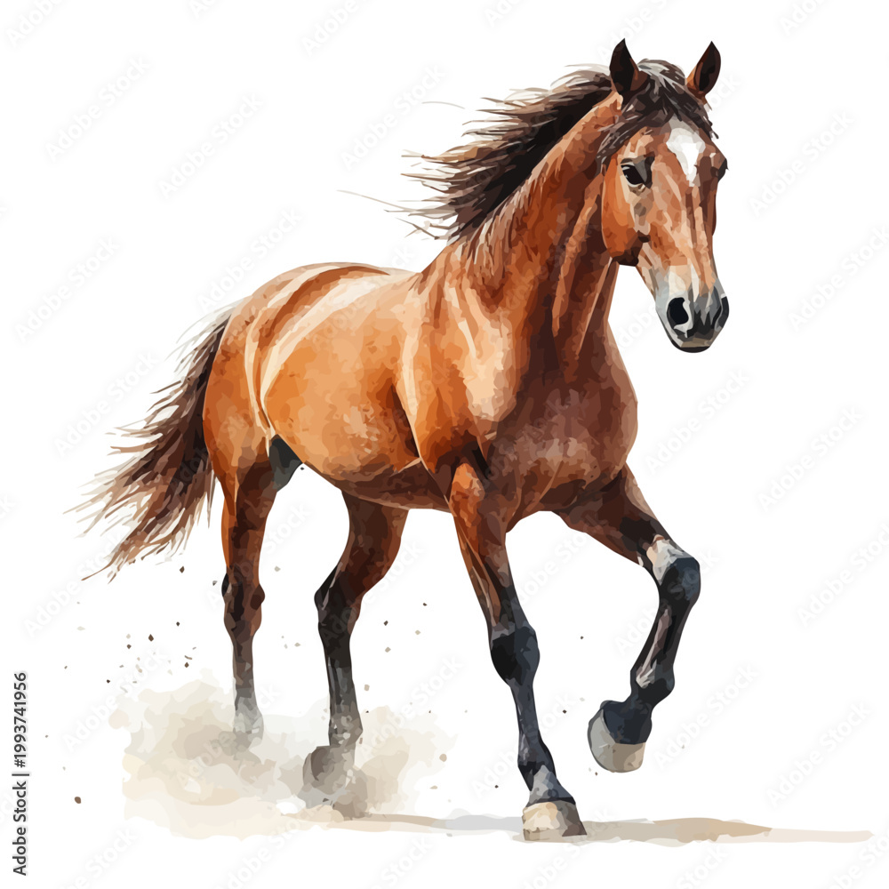 Fototapeta premium Horse, cute watercolor illustration with intricate patterns and vibrant splashes, isolated on a white background.