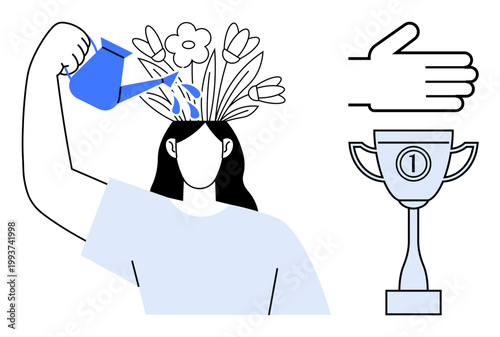 Mental growth. Mental growth ed by self-care, nurturing mindset with blooming flowers, and motivation icons thumbs up a trophy. Mental growth connects self-improvement and achievement. For education