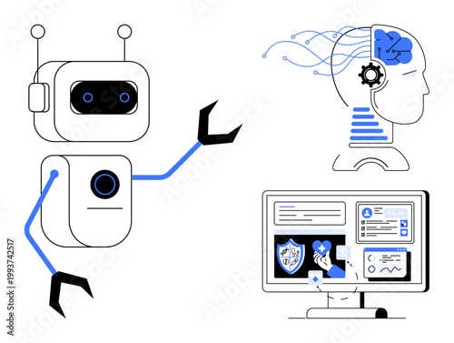 Artificial intelligence, automation, machine learning, data analysis, robotics, neural networks. ion of a robot, brain with circuits and computer interface. Artificial intelligence and automation