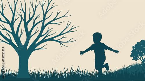 Silhouette of a joyful child running freely in a vibrant natural landscape
