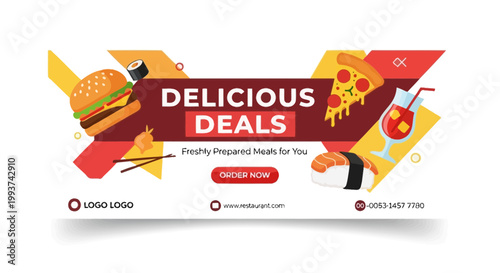 Delicious Food Deals Banner: Burger, Pizza, Sushi, Drink - Order Now Ad