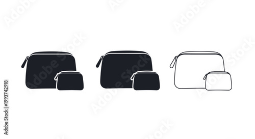 Set of three toiletry pouch icons in different styles.