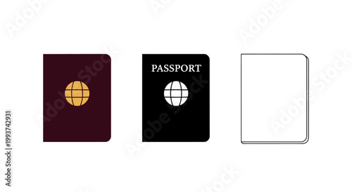 Three passport cover icons showing labeled, blank, and stylized globe designs.