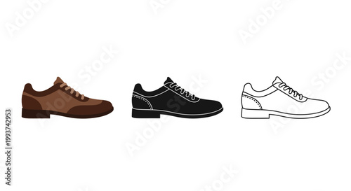 Three men's casual shoes in brown black and outline graphic styles.