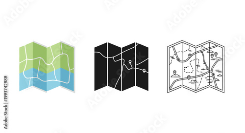 Set of three stylized folded map icons showing routes and waypoints.