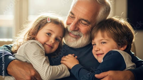 Grandfather hugs adorable grandchildren cherishing family moments