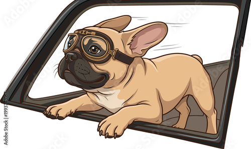 Adventurous Frenchie Bulldog with Aviator Goggles Looking Out Car Window for Travel Concept Vecto