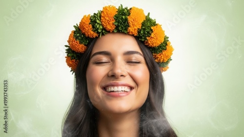 Joyful woman wears flower crown smiles blissfully close up