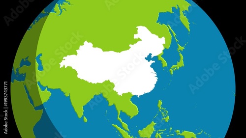 Animated motion graphic of a rotating globe zooming into China, highlighting its geographic position within Asia. Designed in a clean flat vector style