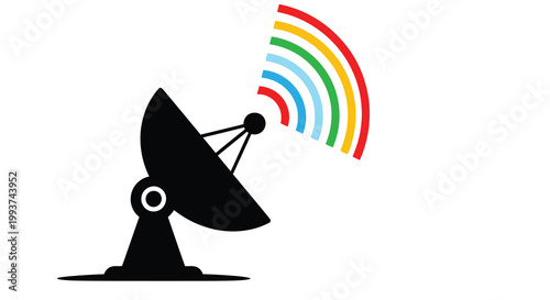 Stylized illustration of a black satellite dish emitting colorful radio waves