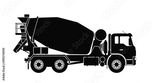 A black silhouette of a concrete mixer truck side view