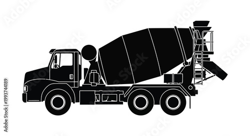 A black and white silhouette of a concrete mixer truck in profile