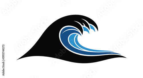 Stylized wave design featuring a dark silhouette and bright blue interior