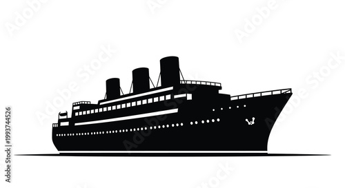 A black silhouette of a large ocean liner on a white background