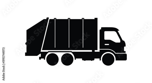 Simple black silhouette of a garbage truck viewed from the side