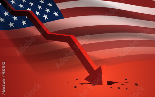 Falling red arrow crashing through the American flag symbolizing economic decline, recession, and financial crisis in the United States. 
