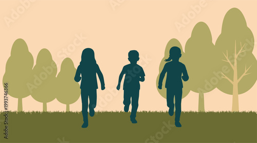 Children silhouettes running freely in a sunny park with trees and grass