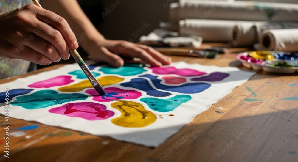 Obraz premium Artist Painting Colorful Abstract Shapes on Fabric