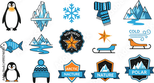 Vector Set of Arctic and Nature Icons, Featuring Penguins, Icebergs, Snowflakes, Polar Badges, and Winter Symbols for Cold Weather and Polar Designs