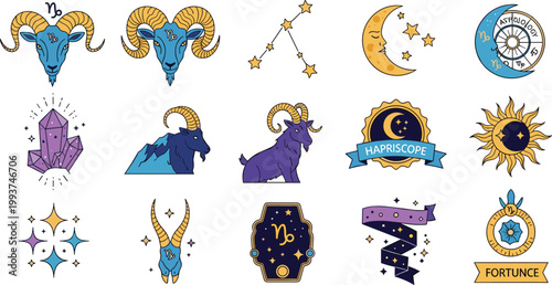 Vector Set of Astrology and Zodiac Icons, Featuring Capricorn Symbols, Stars, Crystals, and Fortune Emblems for Astrological and Mystical Designs