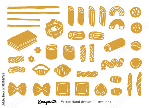 Hand-Drawn Pasta Shape Vector Bundle – Golden Filled Italian Noodle Illustration Collection