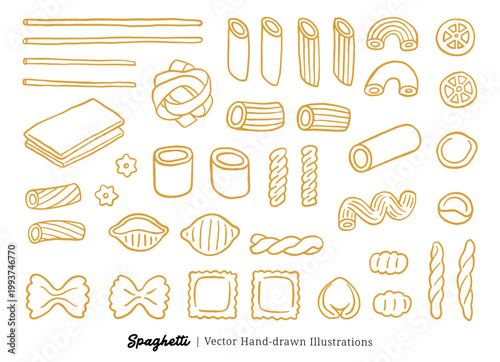 Hand-Drawn Pasta Shape Outline Vector Bundle – Golden Line Art Italian Noodle Illustration Set