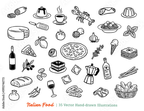 Hand-Drawn Italian Cuisine Vector Bundle – Pizza, Pasta, Wine, and Food Icon Illustration Set