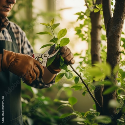 Gardener Pruning Tree Branches with Shears in Garden