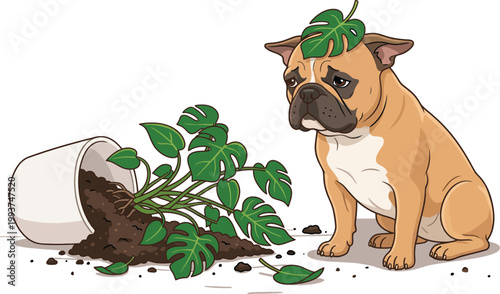 Mischievous Frenchie Bulldog Sitting by Knocked Over Monstera Houseplant with Spilled Dirt and Guilty Expression Vector
