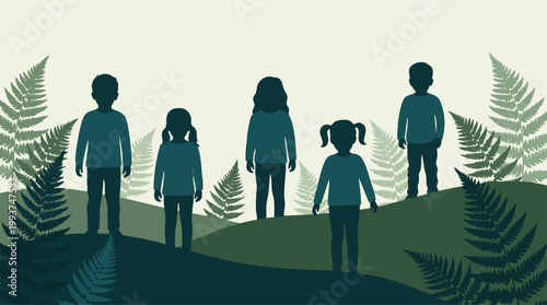 Children's silhouettes in a tranquil forest of ferns and green hills