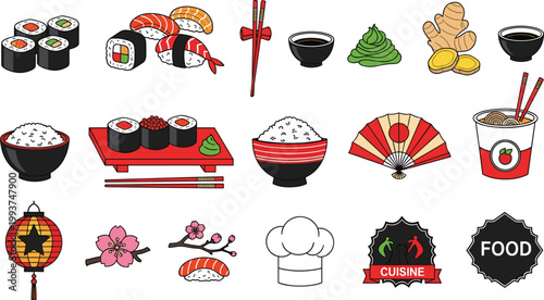 Vector Set of Japanese Cuisine Icons, Featuring Sushi, Rice Bowls, Chopsticks, Wasabi, Ramen, and Traditional Food Symbols for Asian Cuisine Designs