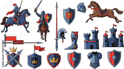 Vector Set of Knight and Medieval Icons, Featuring Knights on Horseback, Shields, Swords, Armor, Castle, and Flags for Royalty, Battle, and Medieval Designs