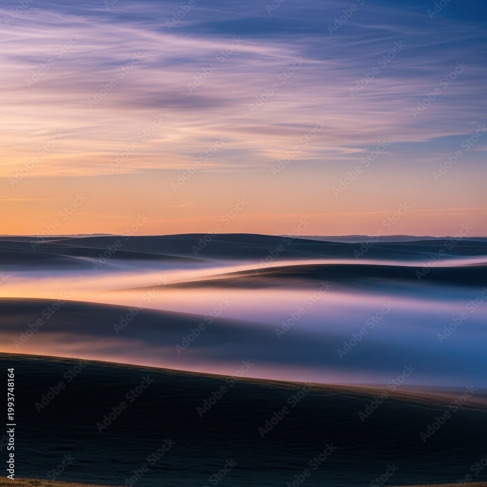 Fototapeta premium Ethereal morning mist settles low over expansive, rolling prairie landscape, creating a dramatic, cool, and mysterious natural scene, silence, land, dramatic