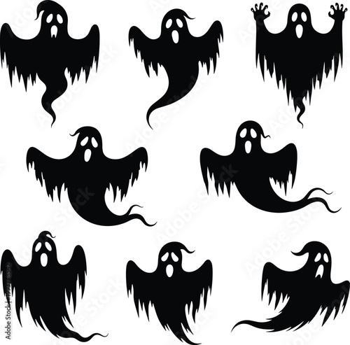 Black silhouette illustrations of eight ghost figures in varied floating poses symbolizing Halloween, spooky, eerie, and supernatural themes