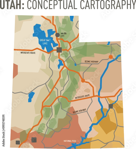 Utah state map features stylized topographical details including major roads and water bodies for geographic education.