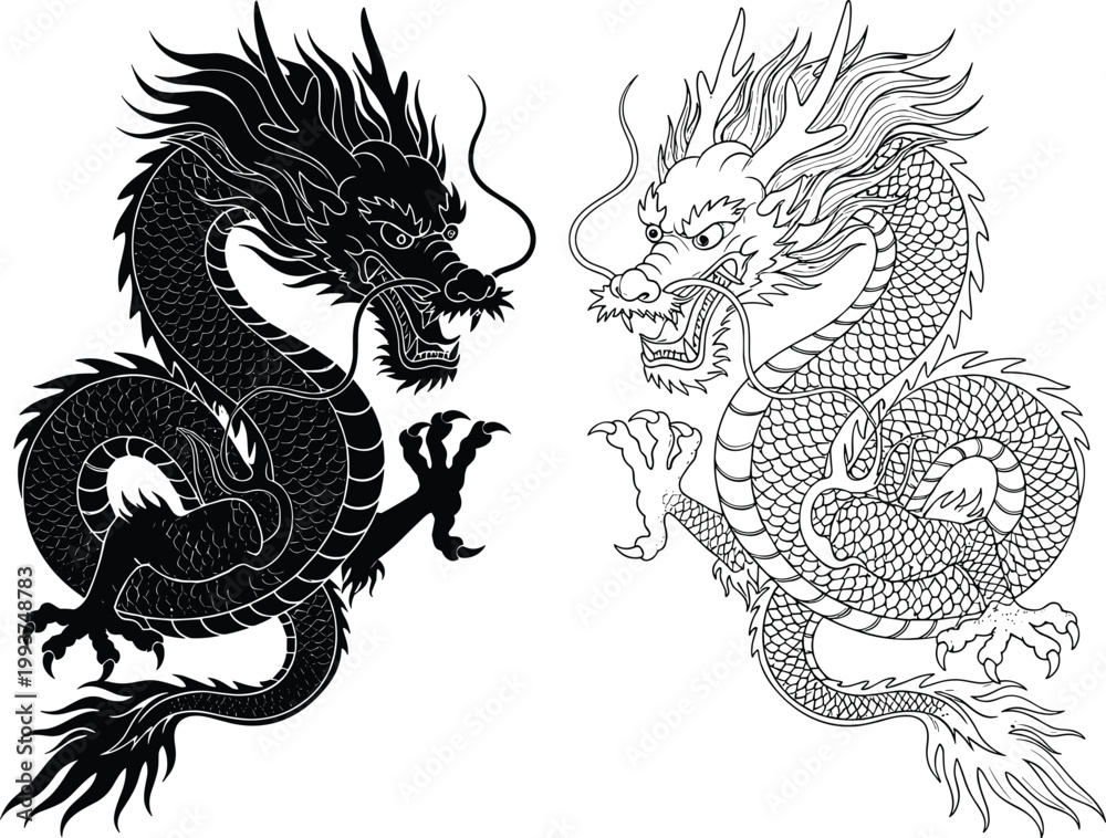 Fototapeta premium Intricate black and white dragon illustration facing each other, symbolizing yin yang balance, duality, strength, mythology, and harmony