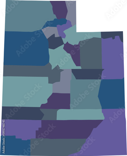 Utah map displays various administrative regions and counties represented through a diverse collection of solid muted blue and purple color blocks.