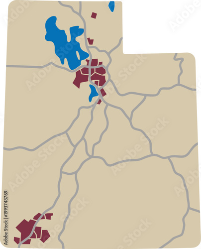 Map showing the state of Utah with highlighted urban areas and major inland water bodies in a simplified graphic design.