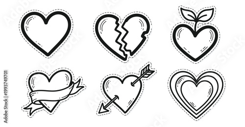 Hand-drawn vector heart illustration graphics featuring love, growth, and broken heart concepts