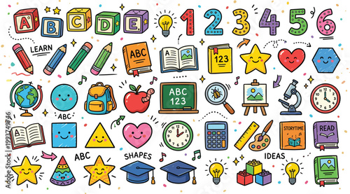 Kids education doodle icon set with alphabet numbers school supplies shapes books globe classroom learning elements colorful vector collection