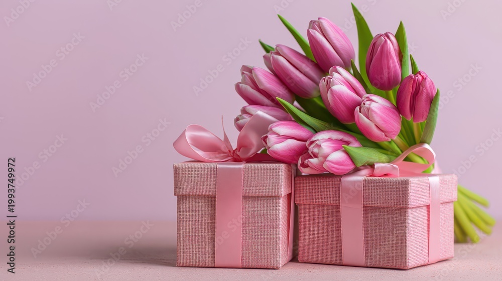 Fototapeta premium Pink tulip bouquet with gift boxes on pastel background for celebration and elegant holiday greeting
