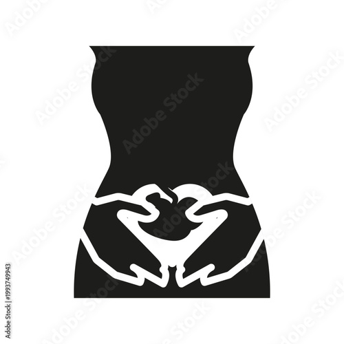 Pregnant woman holding belly icon. Simple black maternity silhouette icon for pregnancy, prenatal care and motherhood design. Vector illustration.