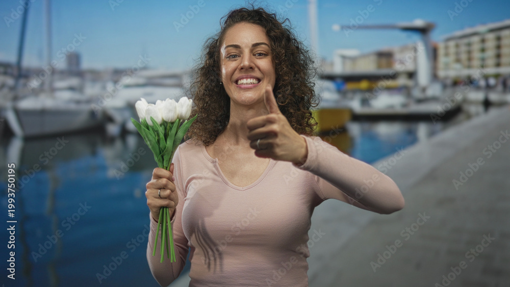 Fototapeta premium Young hispanic woman holding white tulips in her left hand and giving thumbs up with her right hand on a street by boats and marina; happiness.