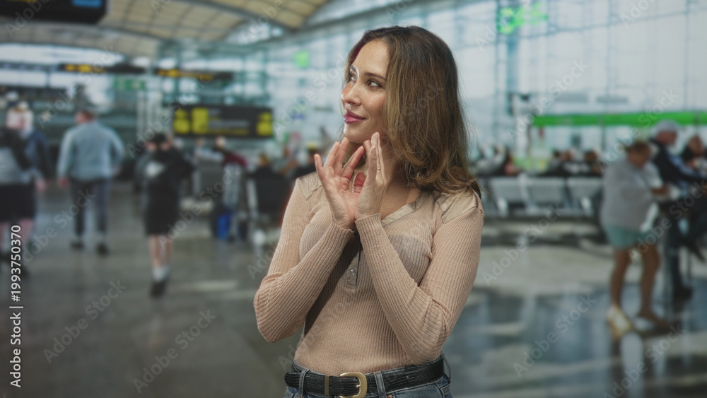 Fototapeta premium Woman with hands clasped in prayer at an airport terminal, smiling and looking upward while clasping palms against chest; gratitude hope travel.