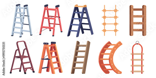 Rope Ladders Vector Cartoon Set, Climbing Tools Collection of Wooden Ladders Isolated on White Background, Adventure Equipment Illustration for Outdoor, Survival, Construction Design