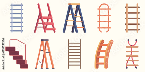 Rope Ladders Vector Cartoon Set, Climbing Tools Collection of Wooden Ladders Isolated on White Background, Adventure Equipment Illustration for Outdoor, Survival, Construction Design