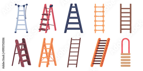 Rope Ladders Vector Cartoon Set, Climbing Tools Collection of Wooden Ladders Isolated on White Background, Adventure Equipment Illustration for Outdoor, Survival, Construction Design